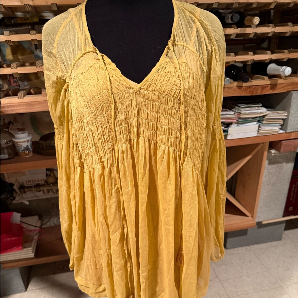 Free People Sunlit Yellow Smocked V-Neck Tunic